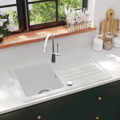 Homgoday Granite Kitchen Sink, Single Bowl with Drainer, Reversible, Cream White
