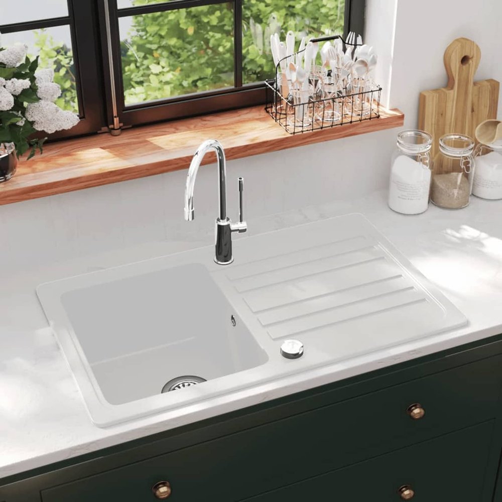 Homgoday Granite Kitchen Sink, Single Bowl with Drainer, Reversible, Cream White