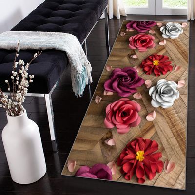 Siunwdiy 3D Rose Pattern Runner Rug, Non-Slip, Washable, 50 x 180 cm
