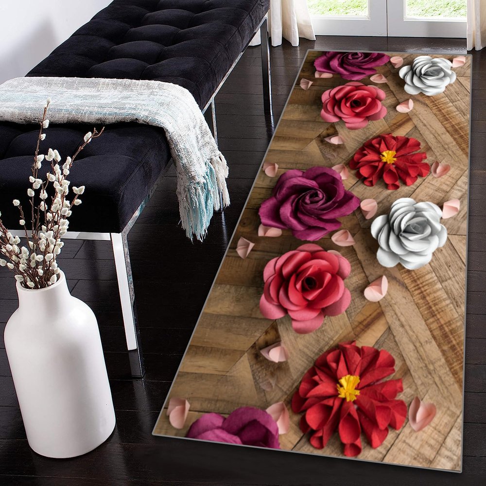 Siunwdiy 3D Rose Pattern Runner Rug, Non-Slip, Washable, 50 x 180 cm