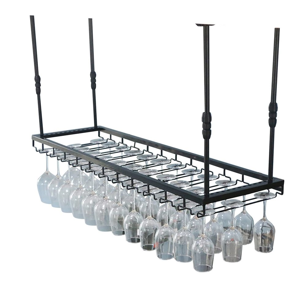Generic Ceiling-Mounted Bar Wine Rack and Stemware Holder for Kitchen, Black, 120 x 35 cm