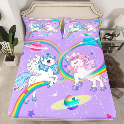 Homemissing Reversible Glitter Unicorn Fitted Sheet Set, 90 x 200 cm