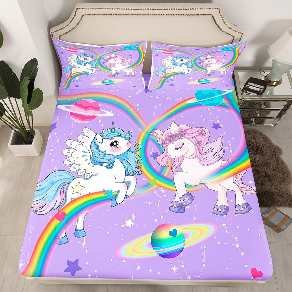 Homemissing Reversible Glitter Unicorn Fitted Sheet Set, 90 x 200 cm