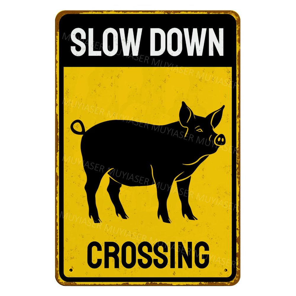MUYIASER Metal Sign with Pig, Slow Crossing, Aluminum Sheet Sign, Warning Sign for Fence, Outdoor Area, Yard and Wall Decor, 8 x 12 in