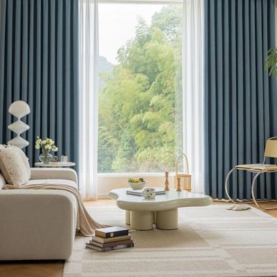Daesar Blue Blackout Curtains, 2-Piece Jacquard Set with Hooks, Nordic Leaf Motif, 137 x 160 cm