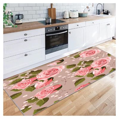 Siunwdiy Runner Rug for Hallway and Kitchen, Pink Rose Pattern, 70 x 200 cm, Washable, Non-Slip