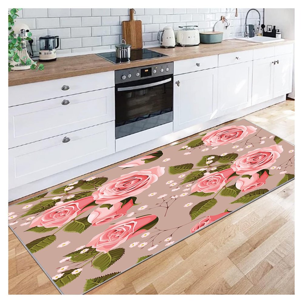Siunwdiy Runner Rug for Hallway and Kitchen, Pink Rose Pattern, 70 x 200 cm, Washable, Non-Slip
