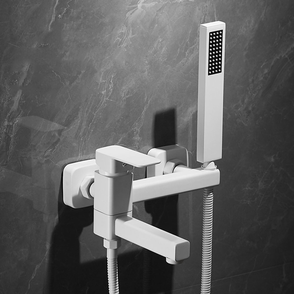 XJTNLB White Bathtub Faucet with Hand Shower, Wall-Mount, 90° Swivel Spout