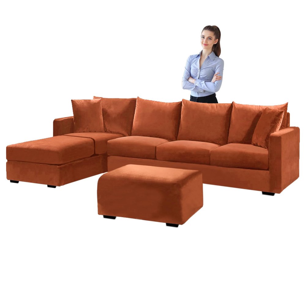 SYLC Velvet L-Shaped Sofa Cover, Stretch Couch Slipcover, Orange, 185–230 cm