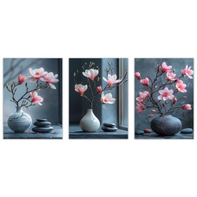 WQBQKKX Set of 3 Minimalist Floral Canvas Prints, Pink and Gray, Modern Wall Art for Bedroom, 40 x 60 cm Each, Unframed