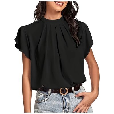 Generic Solid-Color T-Shirt, Comfortable, Elegant, Pleated, Short-Sleeve Blouse (Black, XXL)