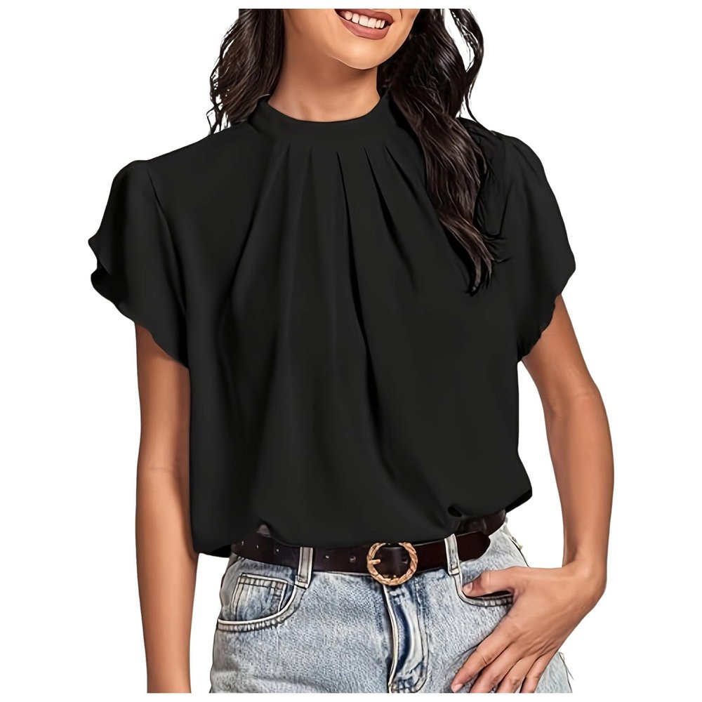 Generic Solid-Color T-Shirt, Comfortable, Elegant, Pleated, Short-Sleeve Blouse (Black, XXL)