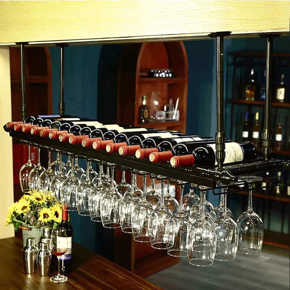 Rustic Industrial Adjustable Ceiling-Mounted Wine Rack