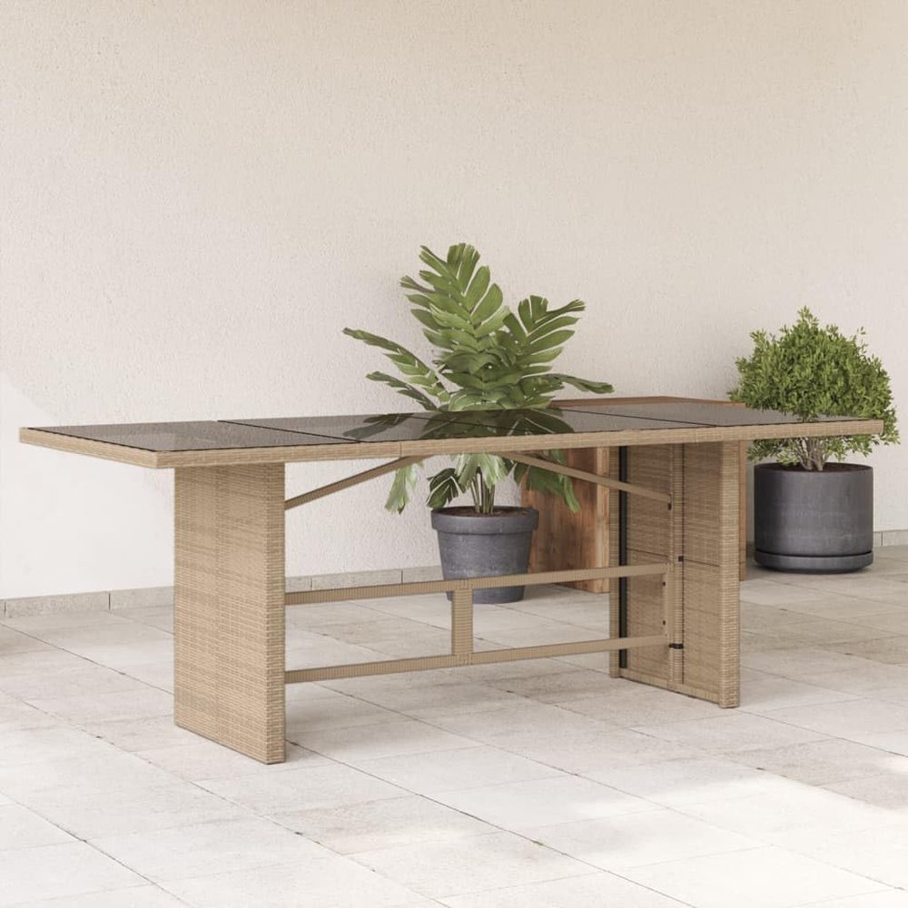 HEFZGDB Beige Garden Table with Glass Top, 190 x 80 x 74 cm, PE Rattan