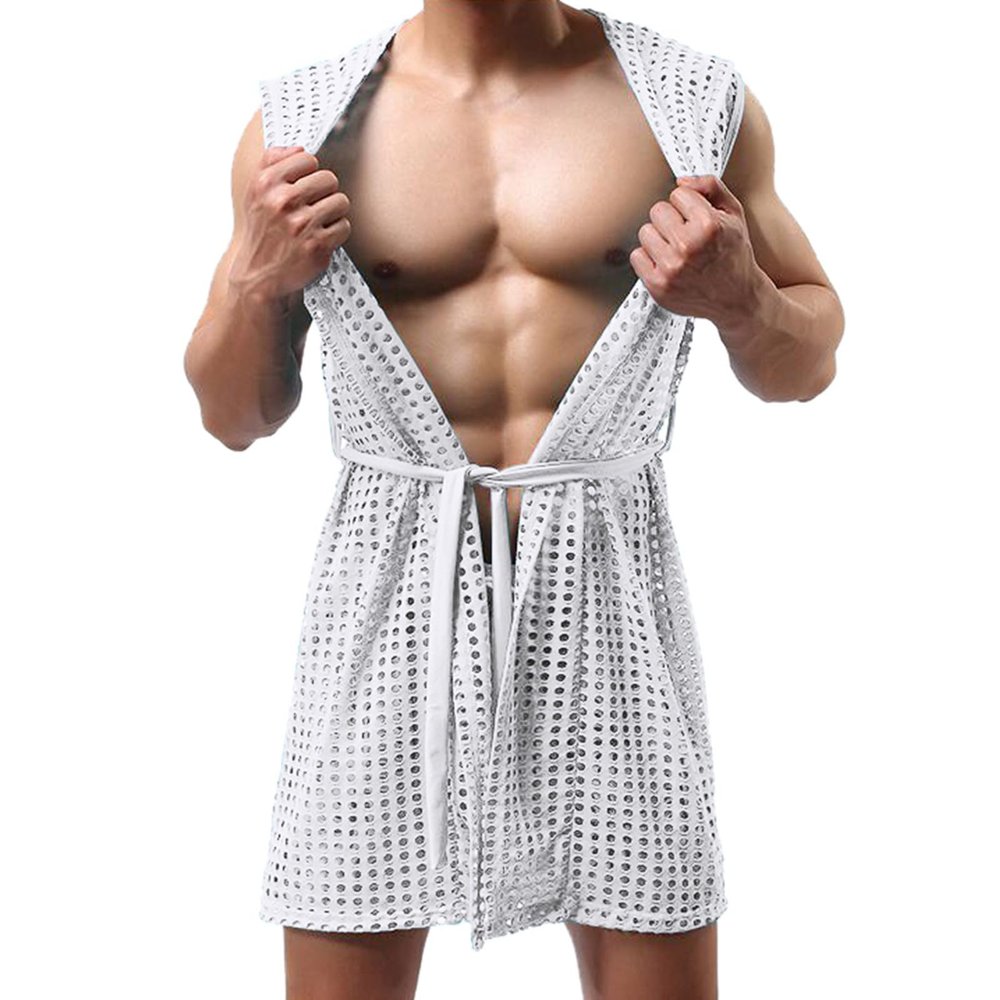RUMAOZIA Men's Transparent Mesh Robe, Long Lace Bathrobe