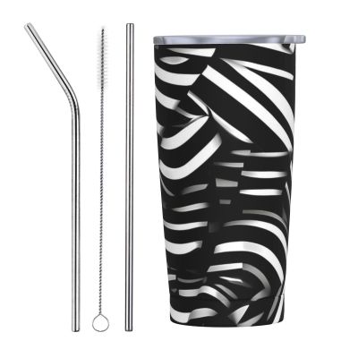 OCELIO Straw Tumbler with Lid, Vacuum-Insulated Stainless Steel, 590 mL, Black and White