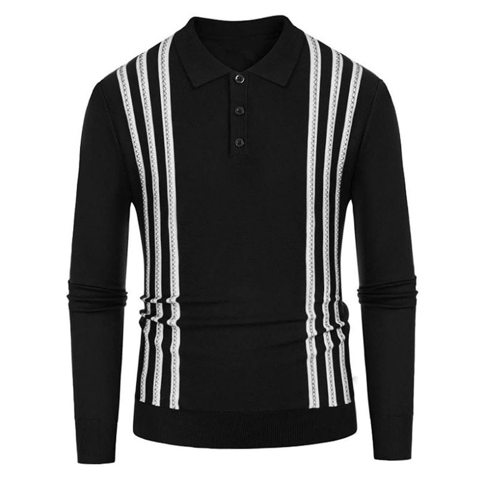 Men's Lightweight Striped Long-Sleeve Polo Shirt with 3-Button Placket