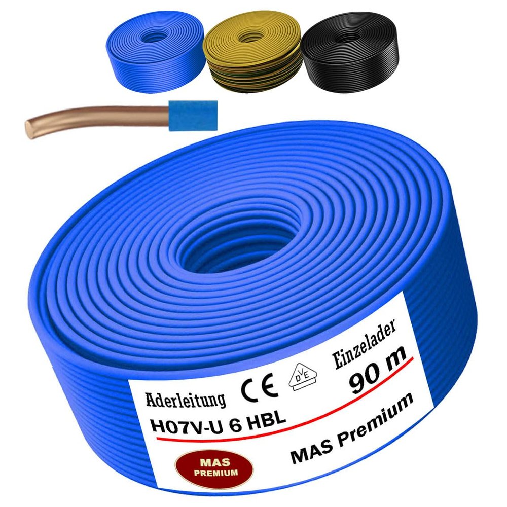 MAS Premium 5–100 m Single-Core Rigid Wire H07 V-U, 4/6/10/16, Selected: H07 V-U 6 HBL, 90 m