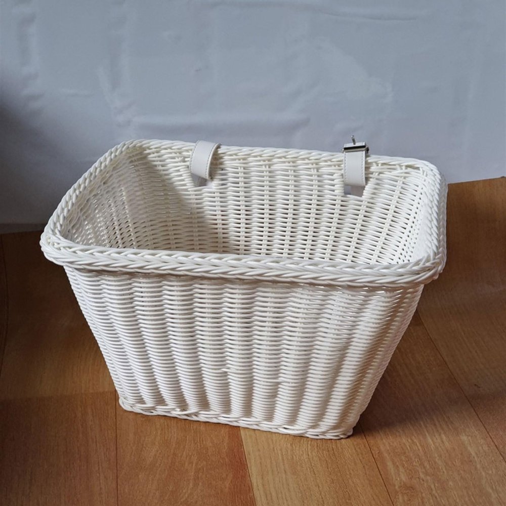 HUIZHENSHENG Handwoven Bicycle Basket with Adjustable Leather Straps, Front Basket, White