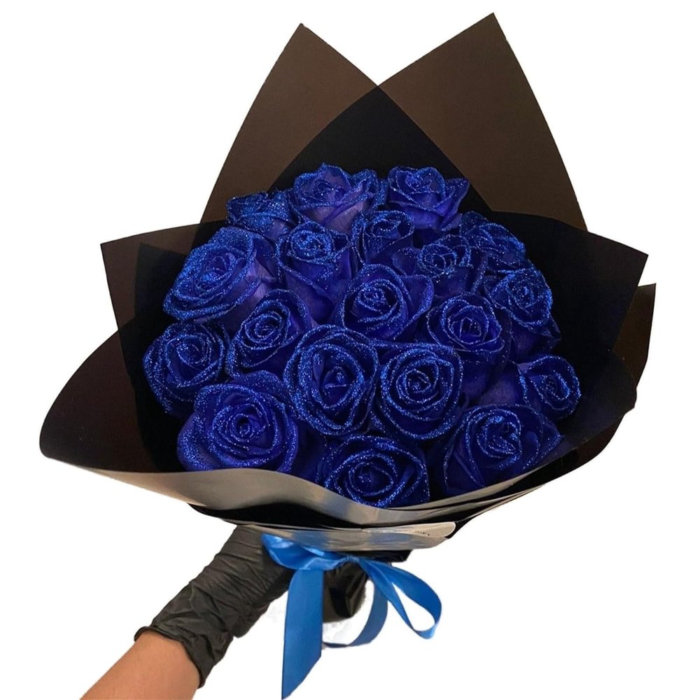 Goniome Glitter Rose Bouquet, Blue, 24-Piece Artificial Flowers