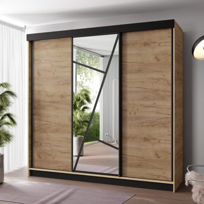 KIER FURNITURE Wardrobe with Mirror, Sliding Doors, Shelves and Hanging Rail, Craft Oak, 250 x 205 x 59 cm