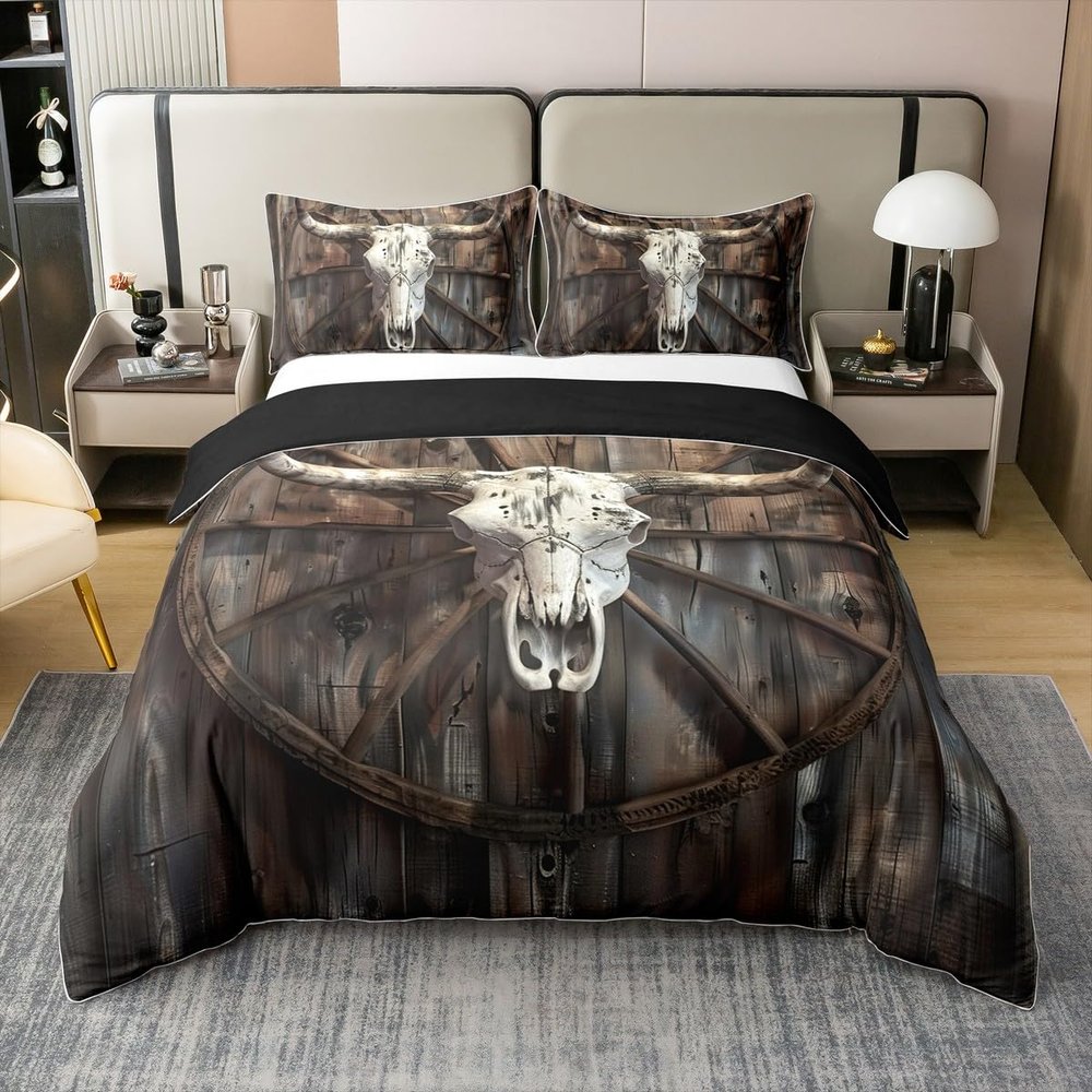 100% Cotton Bull Skull Rustic Wood Duvet Cover Set, White/Brown, 220 x 240 cm