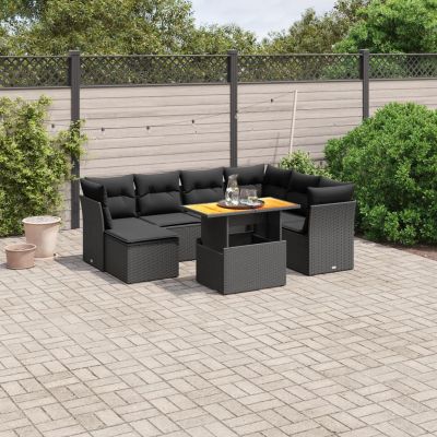 Juroupi 8-Piece Garden Sofa Set with Cushions, Black Poly Rattan - 3270950