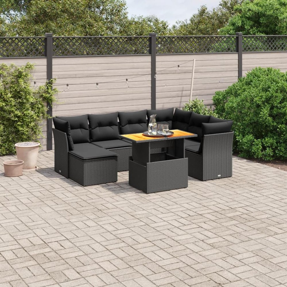 Juroupi 8-Piece Garden Sofa Set with Cushions, Black Poly Rattan - 3270950