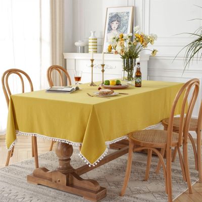 Bishilin Washable Square Tablecloth 120 x 120 cm, Yellow, Outdoor, with Pom-Poms