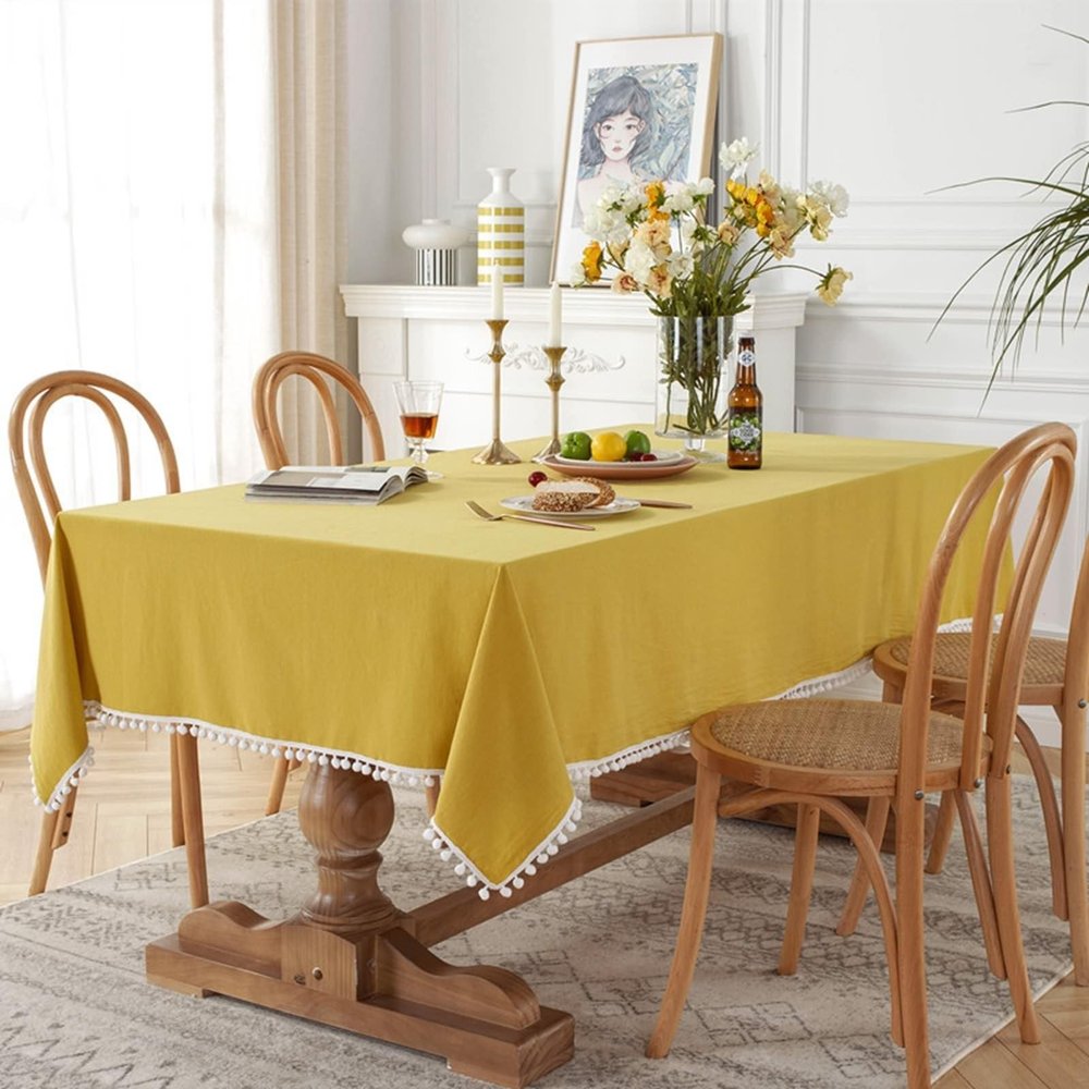Bishilin Washable Square Tablecloth 120 x 120 cm, Yellow, Outdoor, with Pom-Poms