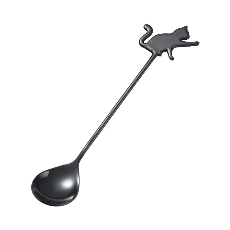 Cute Cat-Shaped Coffee Spoons, Mini Dessert Spoons, Black, 10-Piece Set