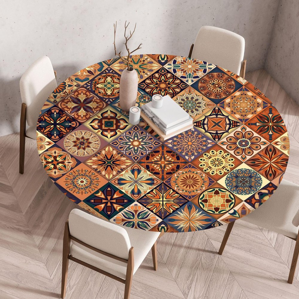 Mateju Outdoor Round Fitted Tablecloth, Boho Pattern, Brown, 130 cm