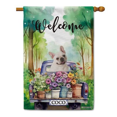 GABSHAIM French Bulldog Flowers Spring Summer Welcome Flag, Funny Dog Driving a Truck in the Woods, Outdoor Home Decor, Double-Sided, Style 5, 71.1 x 101.6 cm