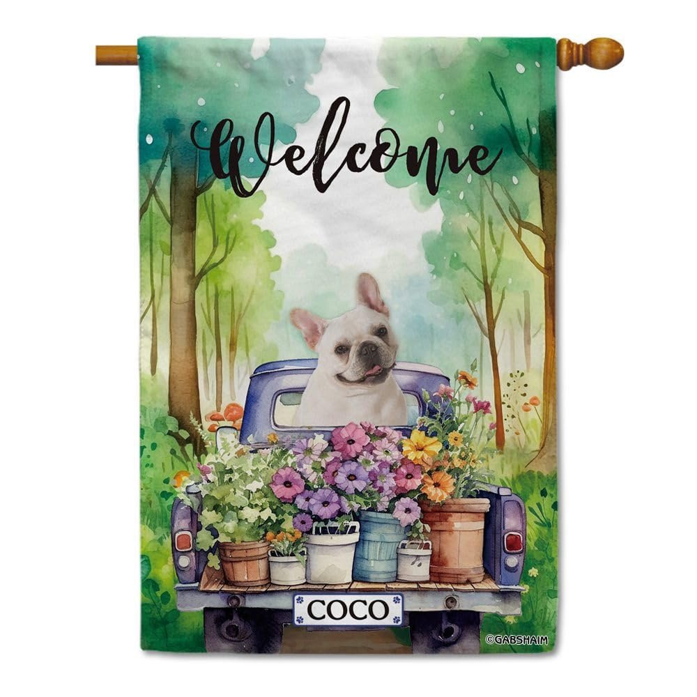 GABSHAIM French Bulldog Flowers Spring Summer Welcome Flag, Funny Dog Driving a Truck in the Woods, Outdoor Home Decor, Double-Sided, Style 5, 71.1 x 101.6 cm