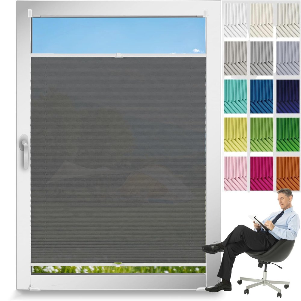 No-Drill Pleated Blind Klemmfix 94 x 210 cm, Light-Filtering Gray