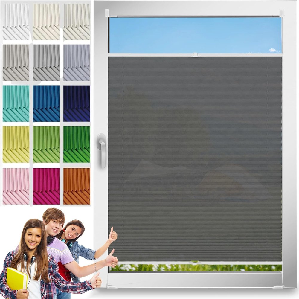 Pleated Blind, No-Drill Clamp-Fit, Light-Filtering Privacy Shade, 48 x 205 cm, Gray