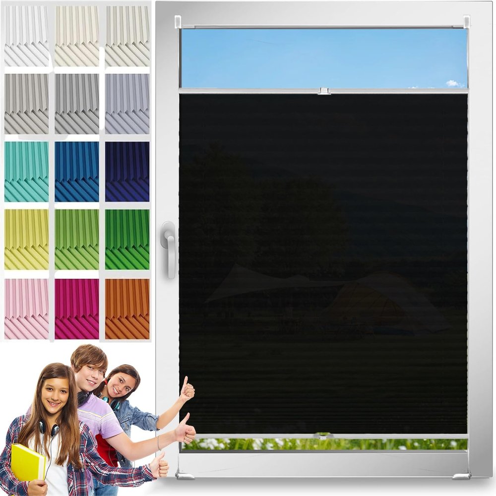 Pleated Blind Klemmfix No-Drill 56 x 185 cm, Privacy and Sun Protection, Black