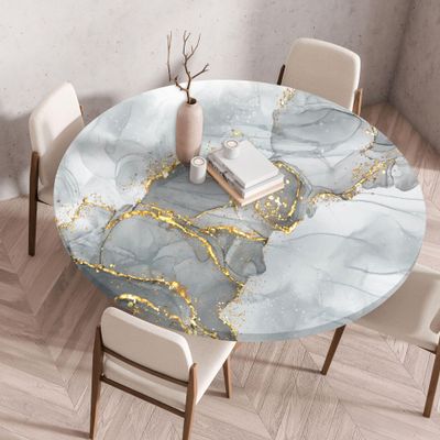 Round Tablecloth with Elastic Edges, Modern Marble Pattern, Wipeable Waterproof Polyester, Gray, 120 cm
