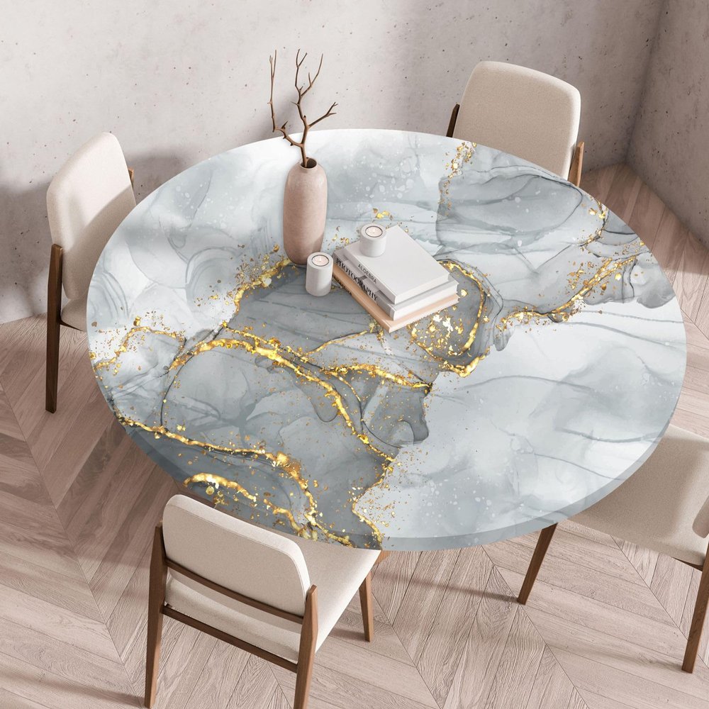Round Tablecloth with Elastic Edges, Modern Marble Pattern, Wipeable Waterproof Polyester, Gray, 120 cm