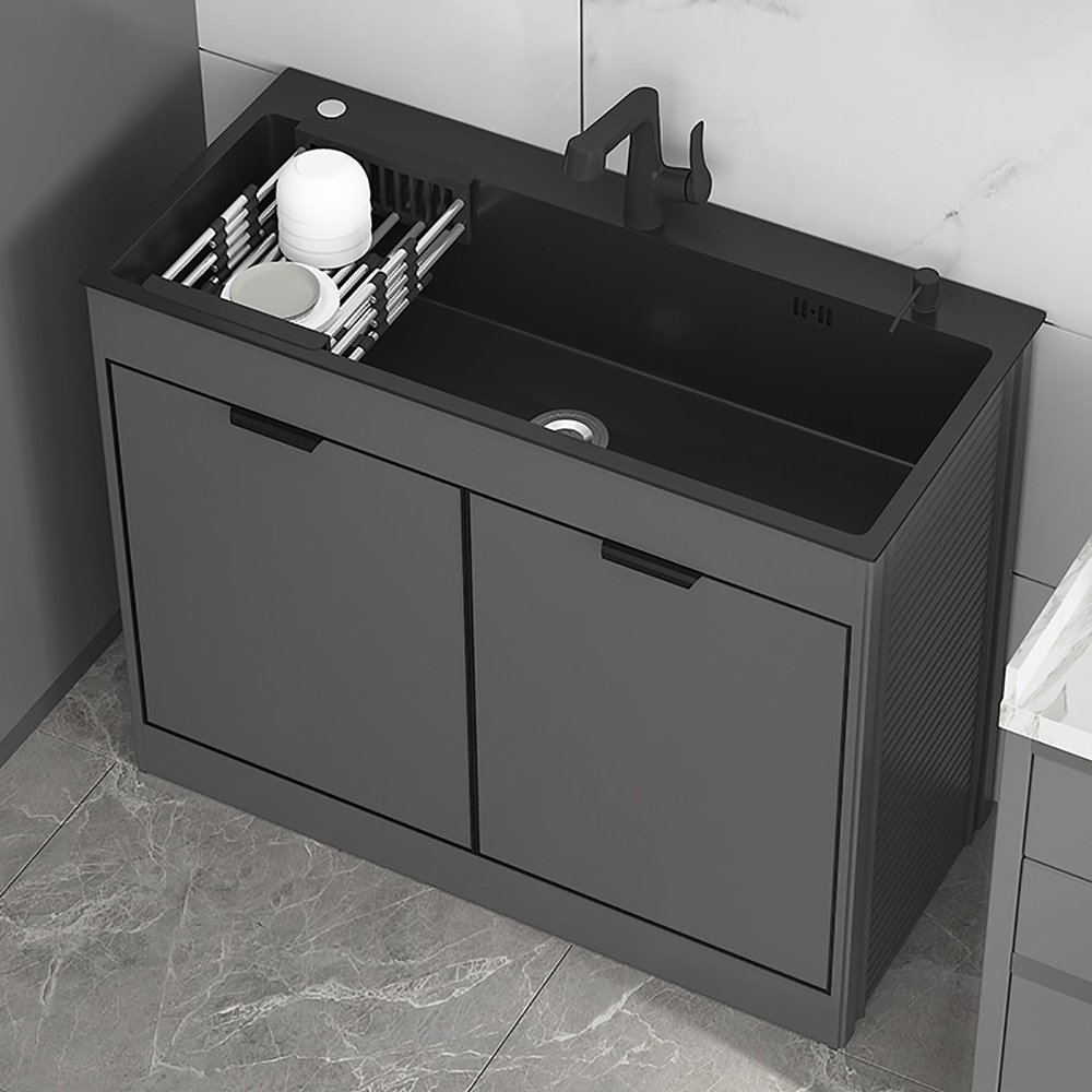 Stainless Steel Freestanding Kitchen Sink with Cabinet and Pull-Out Hot/Cold Faucet, 68 x 45 x 83.5 cm