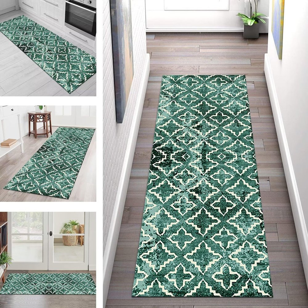 SGLGSTORE Green Boho Hallway Runner Rug, Washable Non-Slip, 100 x 150 cm