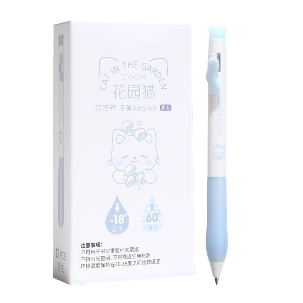 Joucien Heat-Sensitive Erasable Neutral Pens, Cartoon Cute Cat, Mo Yi, Lily of the Valley, 12 Count (Blue, 12)