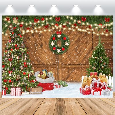 ASDCXZ Christmas Photo Backdrop 10x8 ft, Outdoor Snowfield, Christmas Tree, Gifts, Wooden Wall and Glitter Design