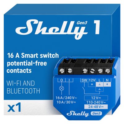 Shelly 1 Gen3 Wi-Fi & Matter Smart Relay with Potential-Free Contacts, 1-Channel, 16A