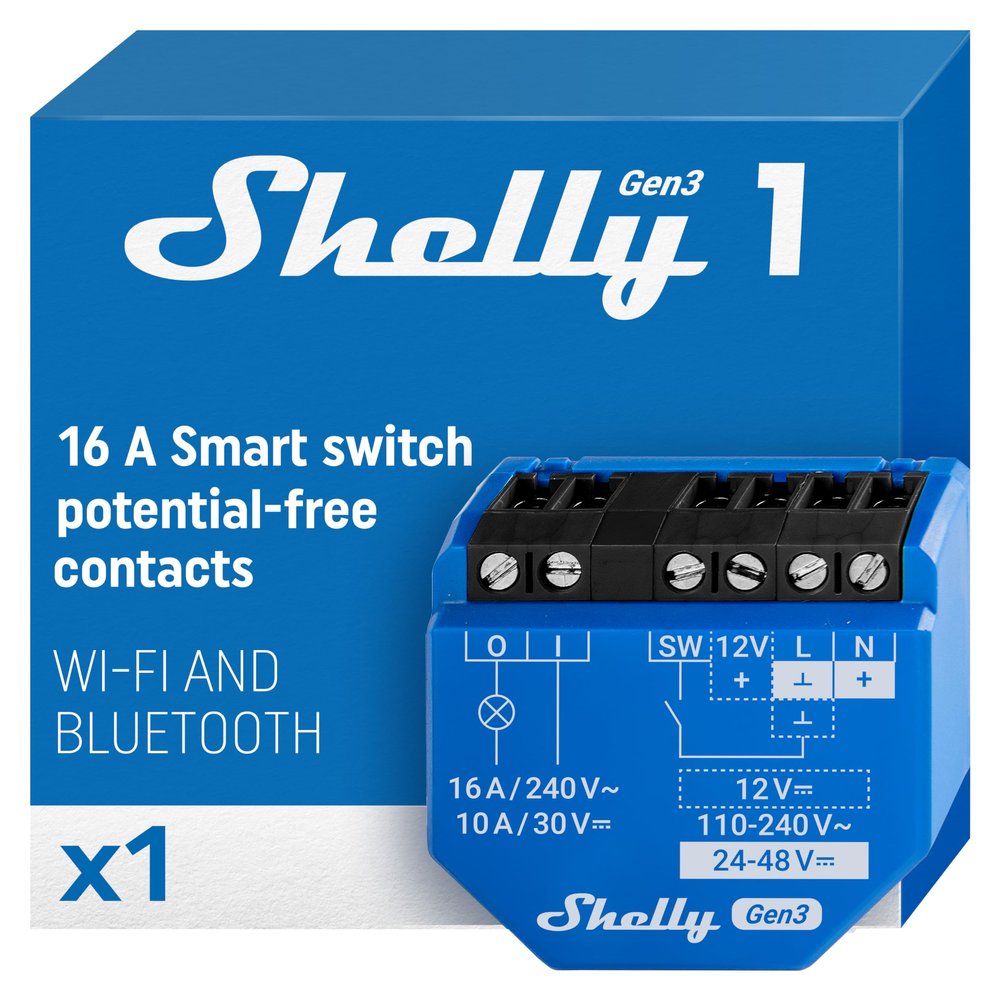 Shelly 1 Gen3 Wi-Fi & Matter Smart Relay with Potential-Free Contacts, 1-Channel, 16A