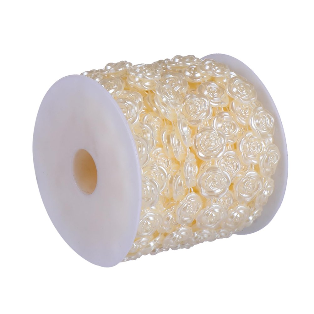 SEWACC Beige Plastic Rose Trim for Sewing, Decorative Flower Applique with Beads for Bags and Children's Weddings