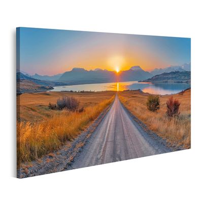 islandburner Canvas Wall Art, Scenic Road Through Fields to Mountain Lake at Sunrise