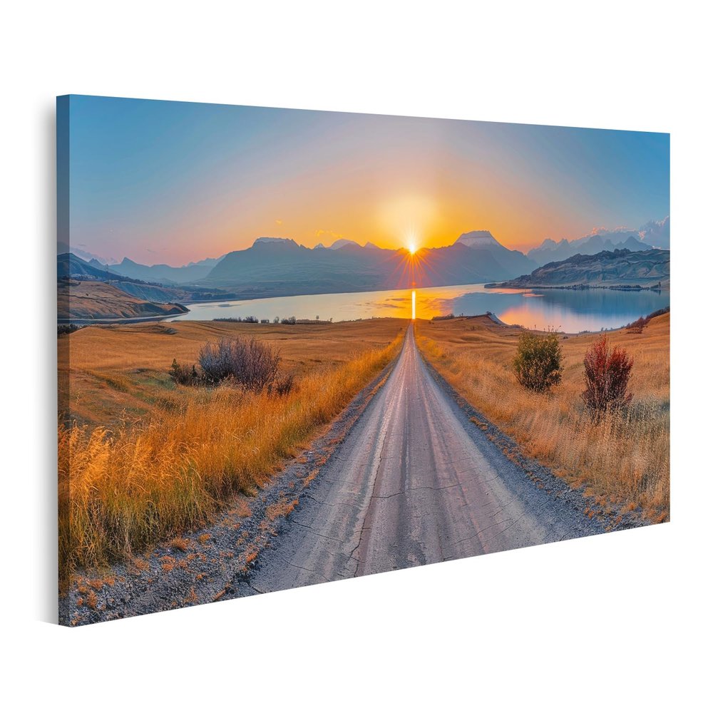 islandburner Canvas Wall Art, Scenic Road Through Fields to Mountain Lake at Sunrise