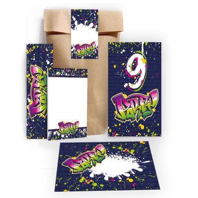 12 Graffiti Neon Invitations for a 9th Birthday Party with Envelopes, Bags, Stickers, Bookmarks & Notepads