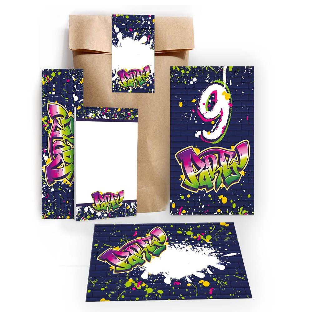 12 Graffiti Neon Invitations for a 9th Birthday Party with Envelopes, Bags, Stickers, Bookmarks & Notepads